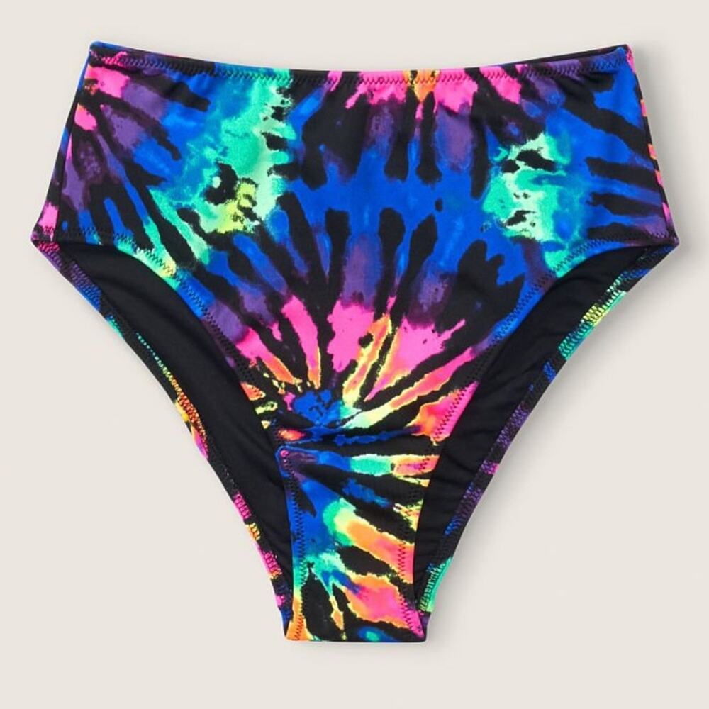Victoria’s Secret PINK SWIM HIGH WAIST BIKINI BOTTOM black rainbow tiedye XS NWT